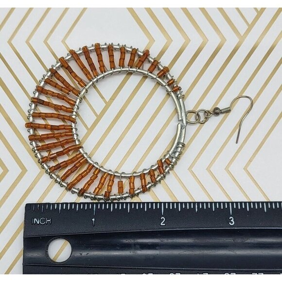 Pretty Large Silver Tone & Amber Color Seed Bead Statement Hoop Earrings Dangle - Picture 7 of 7